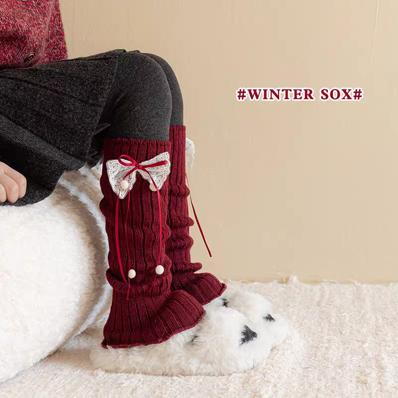 新年女童袜套秋冬季红色堆堆小腿袜儿童冬款加厚针织保暖过年袜