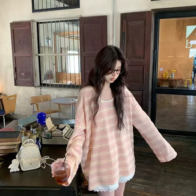 甜美温柔长袖T恤女春季2025新款慵懒百搭条纹上衣韩系显瘦小衫