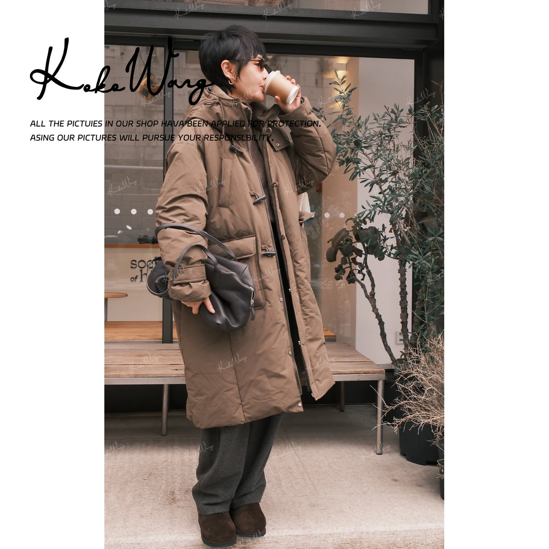 KOKO WANG秋冬轻奢90白鹅绒牛角扣连帽中长款鹅绒外套X1795K01W43