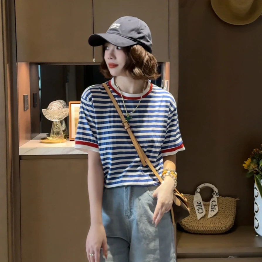 纯棉蓝色条纹短袖t恤女2025新款夏季学院风设计感正肩宽松上衣