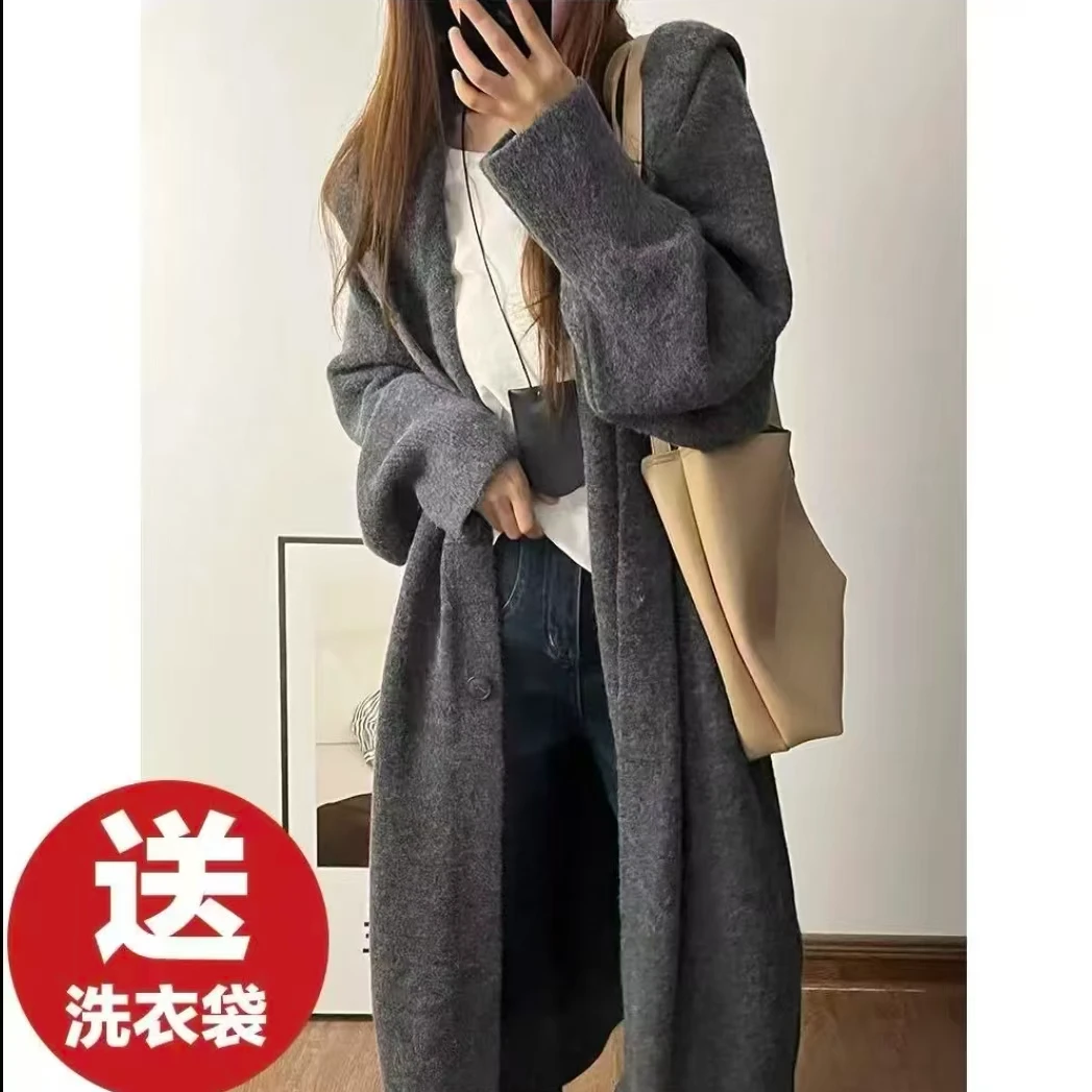 时尚秋冬长款针织衫大码连帽百搭宽松慵懒风加厚中长款灰色A8