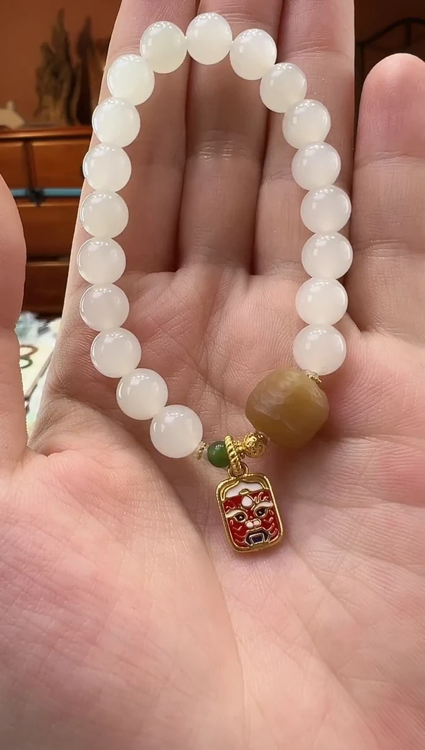 【闪购商品】和田玉手串18K金镶嵌白玉8mm