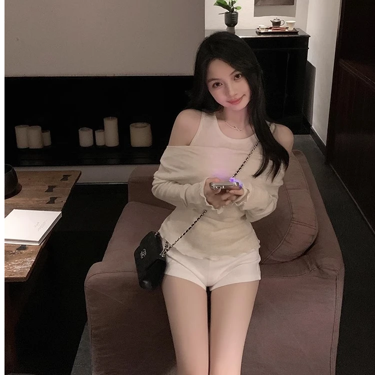 韩系小心机纯欲一字肩真两件针织上衣女2025早春气质修身露肩T恤