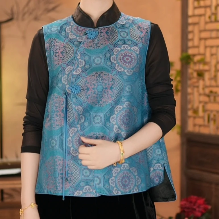 【东方婵韵】新中式复古团花双面双穿蓝色宋锦马夹马甲DFCY331236