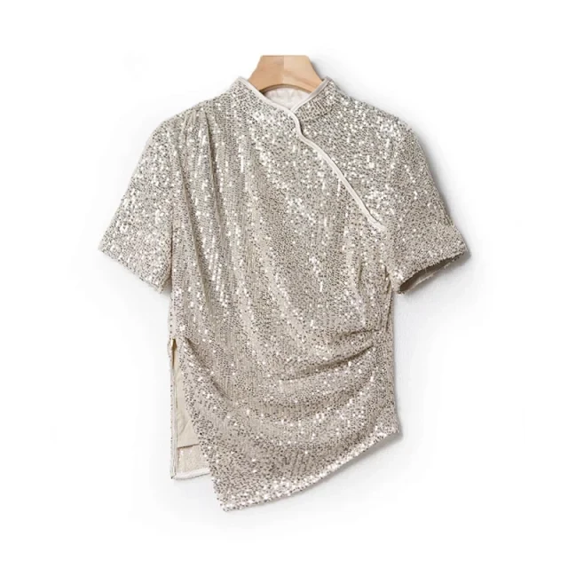 【NA家】重工珠片亮片立领短袖不规则上衣+半身裙