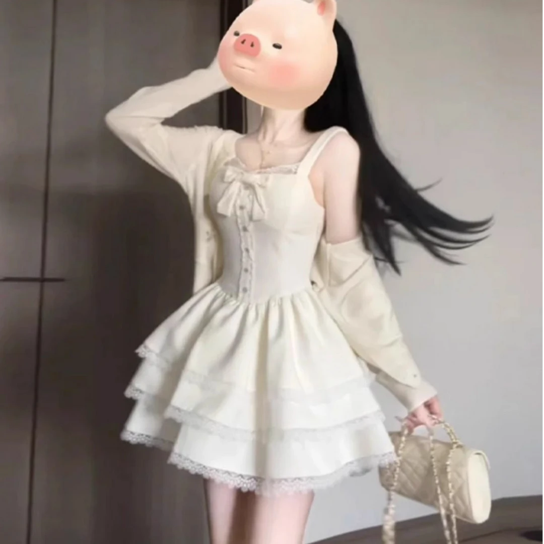 法式甜美独特超好看开衫外套蓬蓬蛋糕连衣裙两件套小个子春秋穿搭