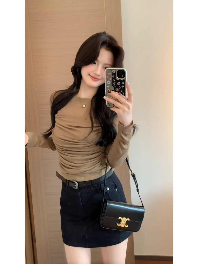 【肉肉】纯欲气质网纱长袖t恤女秋款褶皱修身显瘦打底衫微透短上衣