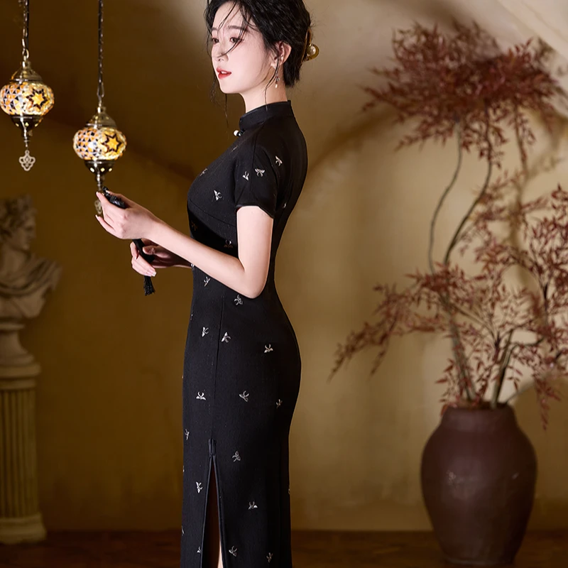 藏青色显瘦气质旗袍复古中式中长款修身中国风优雅提花时尚