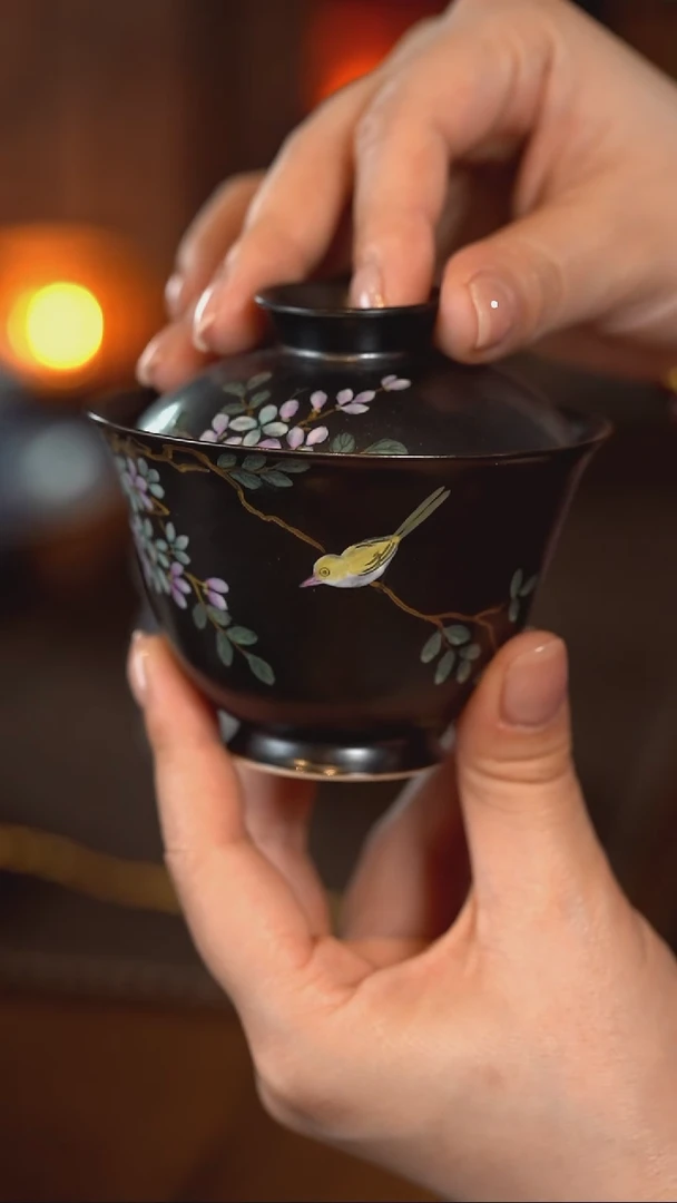 【闪购商品】正春堂·古法柴窑 黑耀石系列金枝玉叶盖碗