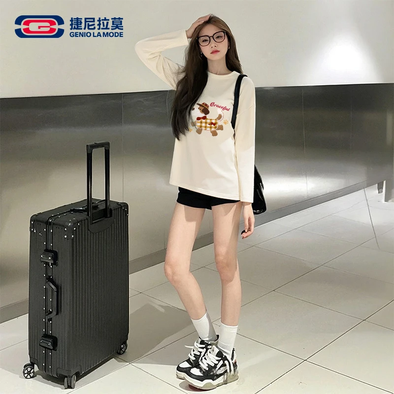 【敖瑞鹏代言】捷尼拉莫百搭长袖上衣女2025春秋大码胖mm纯棉t恤女