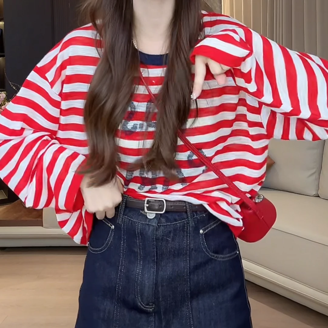 设计感撞色条纹字母长袖T恤女春季2025新款韩版显瘦百搭透气上衣