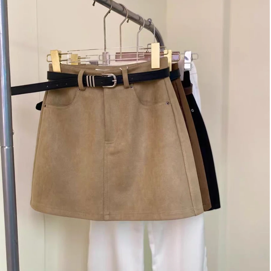 秋冬新款卡其色高腰鹿皮绒半身裙女复古百搭时尚a字短裙包臀裙INS