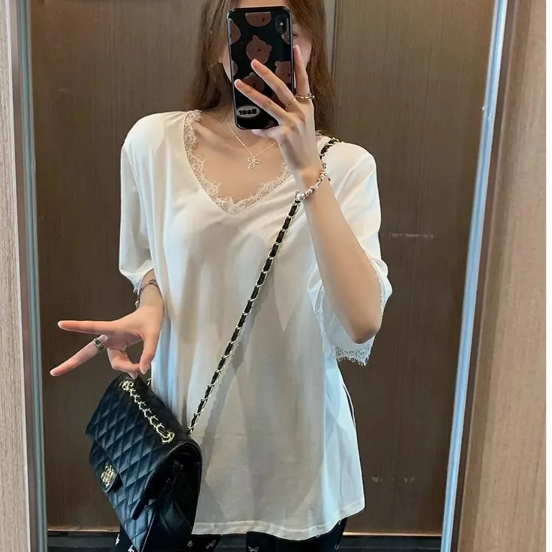 【锦衣服饰】NI 6230长款V领蕾丝边百搭T恤
