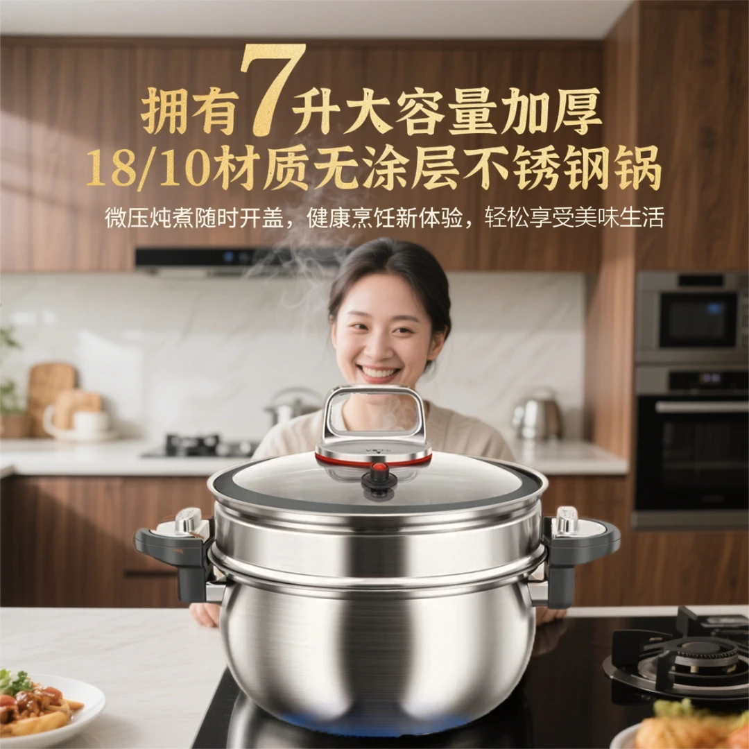 热卖正宗食品级不锈钢微压炖煮锅高颜值多功能26CM7升大容量正品