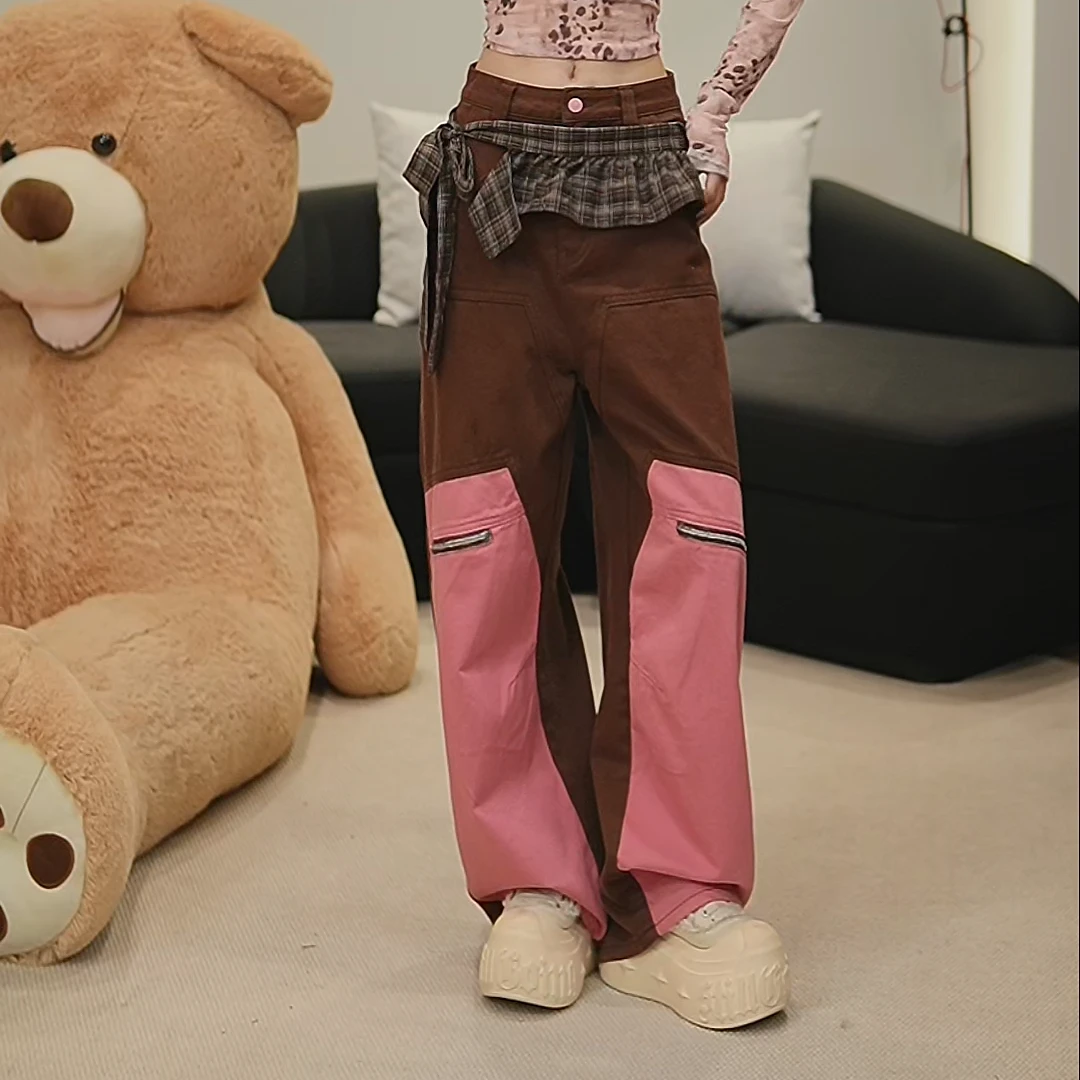 秋季新款原创设计咖色拼粉弯刀牛仔裤女慵懒街头时尚个性百搭裤子