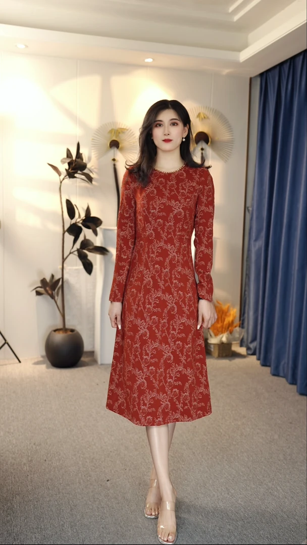 长袖圆领连衣裙显瘦3024时尚修身优雅气质秋冬