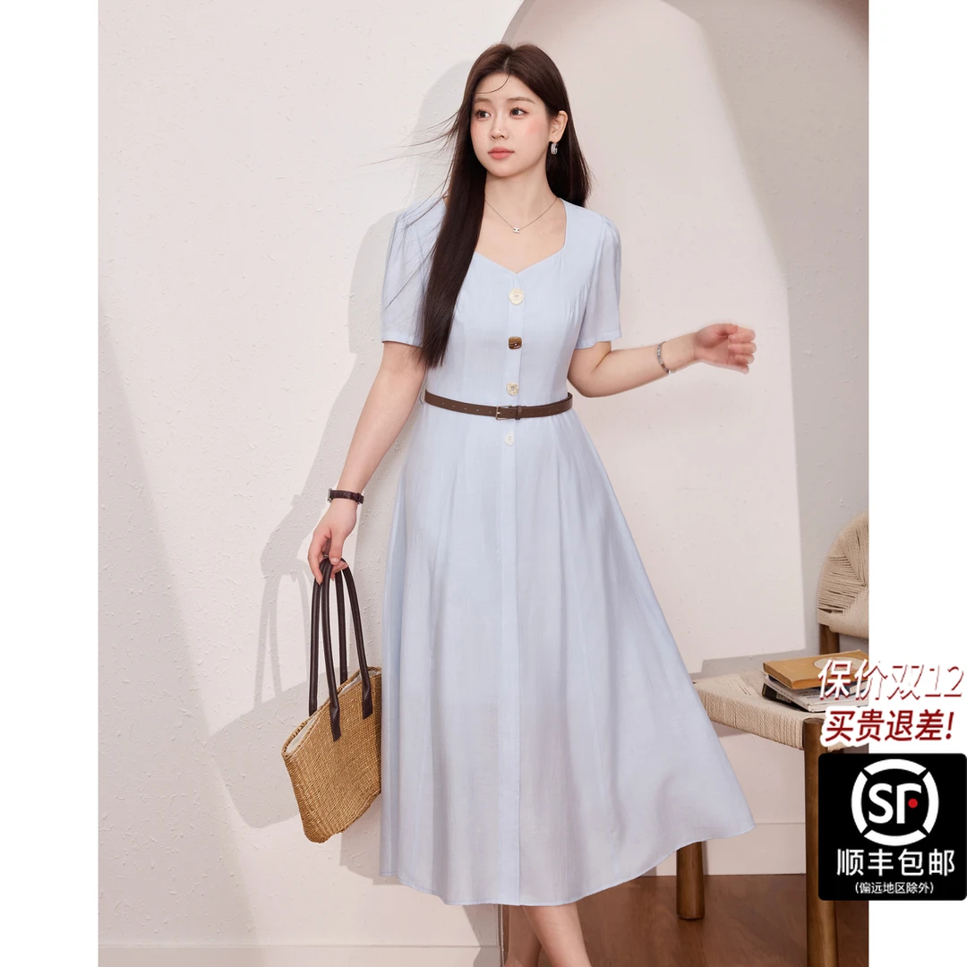蓝语大码女装优雅蓝色轻薄透气连衣裙夏季新款收腰显瘦遮肚a字裙