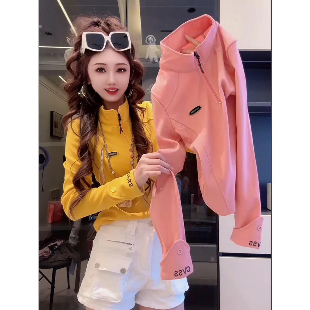 欧货秋冬新款半拉链立领长袖T恤女修身洋气百搭显瘦时尚打底上衣