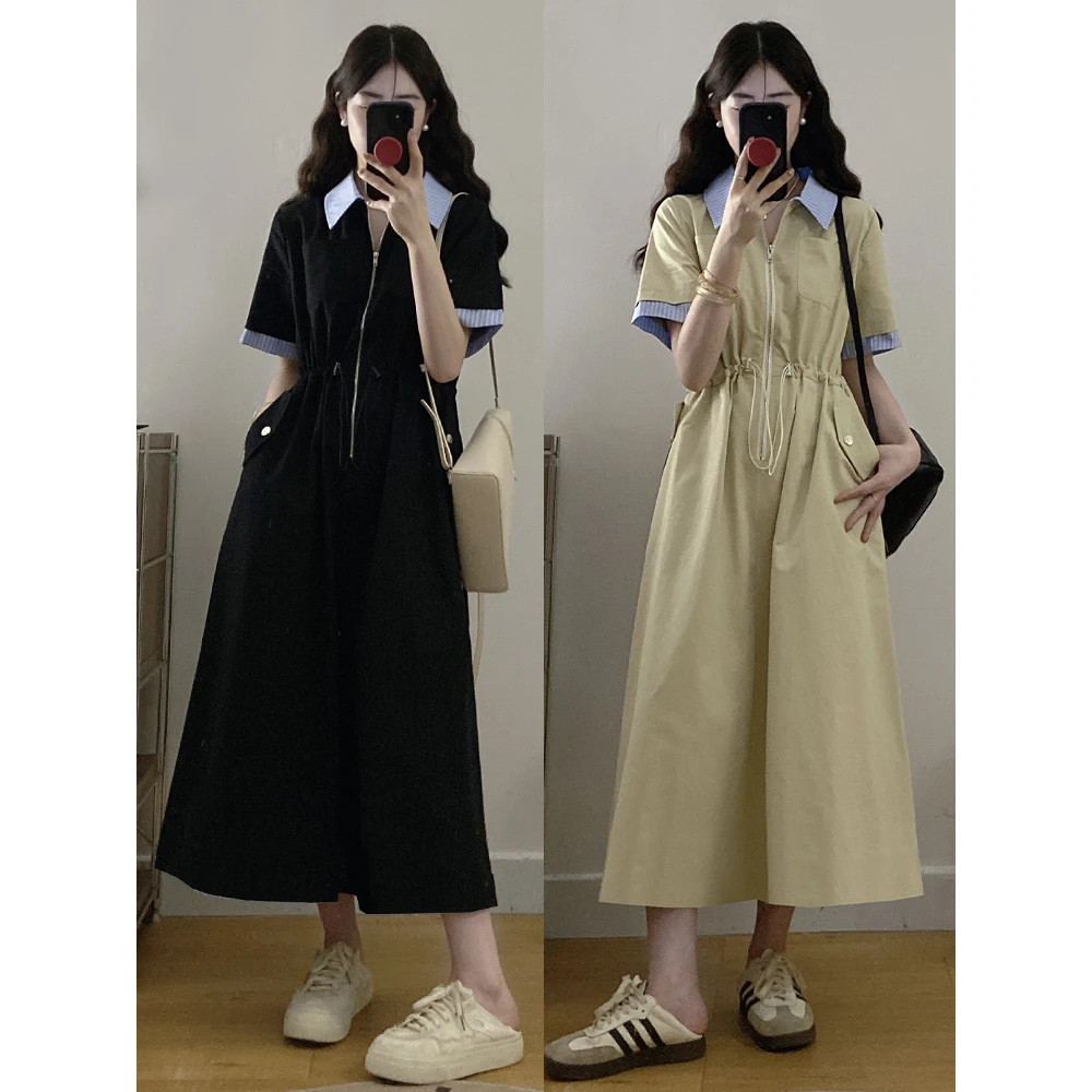 大码女装胖mm新款条纹拼接假两件收腰气质连衣裙