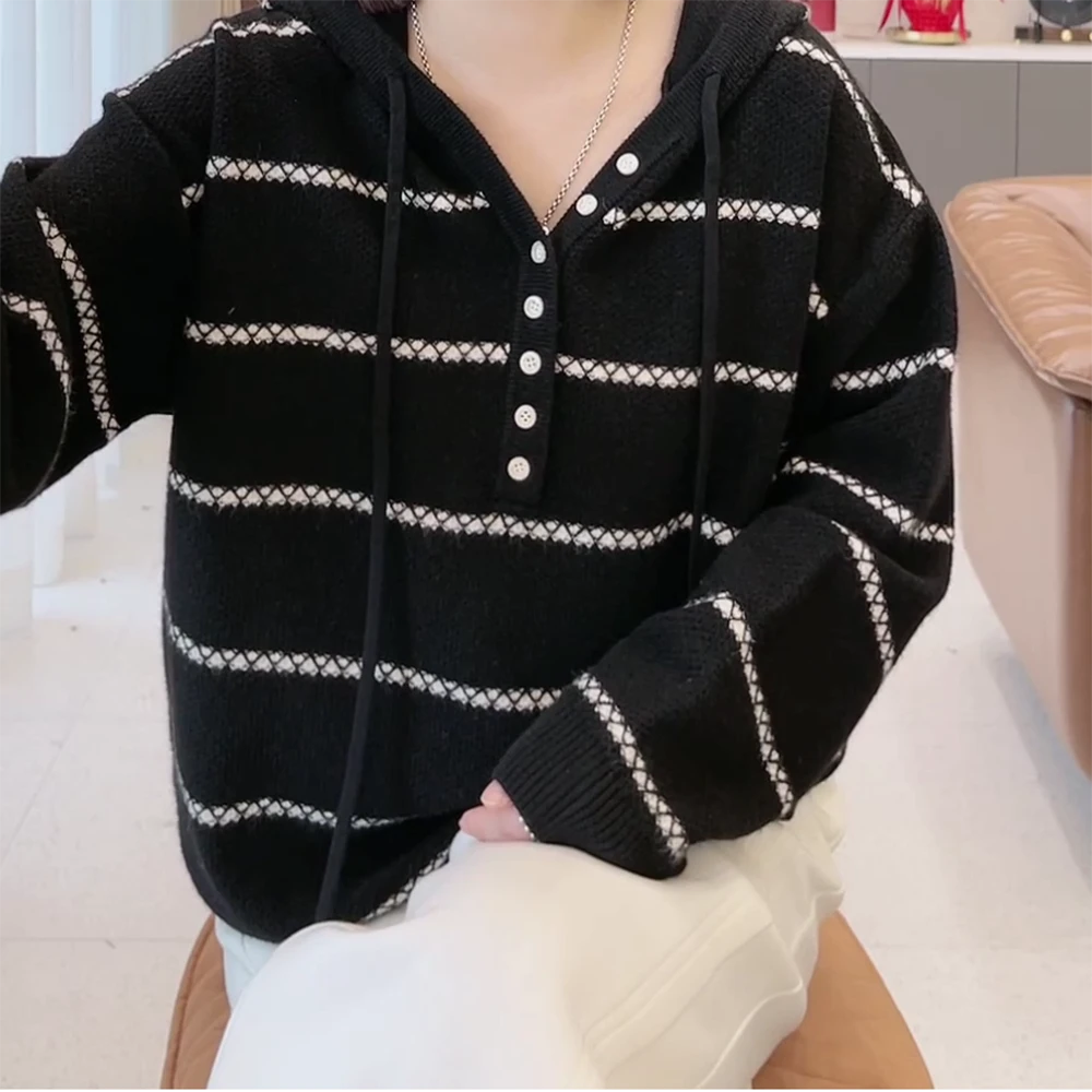 2025年秋季新款条纹连帽长袖百搭毛衣外套女C5846