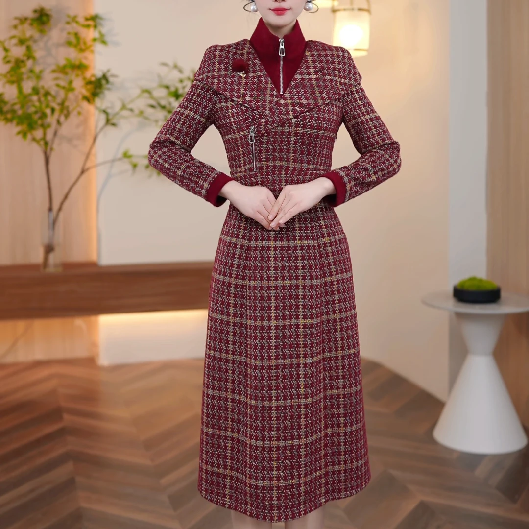 【晨薇女装】1128-3冬季穿搭连衣裙女新款精致女人收腰中长款裙子