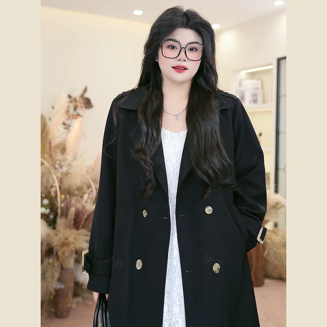 梦丞-胖mm大码女装高级感宽松遮肉显瘦纯色简约风长款风衣外套女
