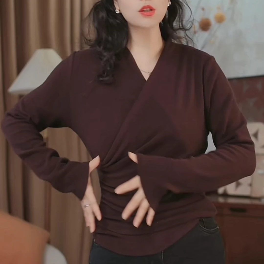 [洺尚]秋冬新款保暖V领长袖褶皱交叉小衫
