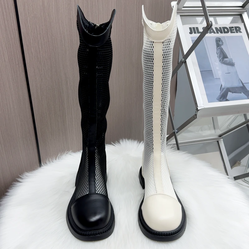 女鞋时尚长筒时装靴白色凉靴胖mm粗腿靴子夏季平底长靴高筒靴