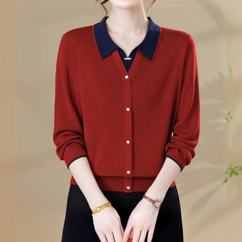 莱赛尔天丝妈妈秋冬装翻领中老年女装洋气小衫假两件打底针织上衣