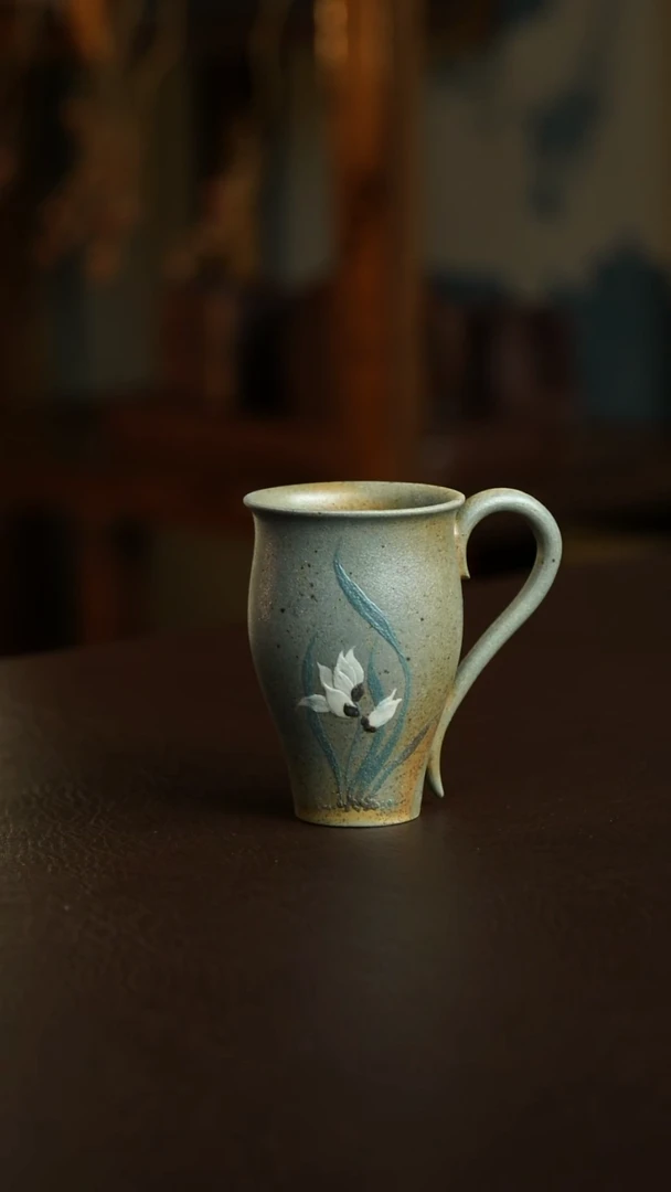 茶杯紫砂13号 柴烧兰花把杯 宜兴紫砂原矿作品