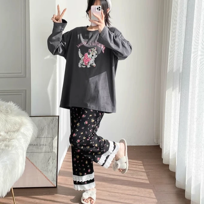 花边针织棉圆领卡通睡衣女长袖长裤加大肥码胖mm200斤宽松家居服