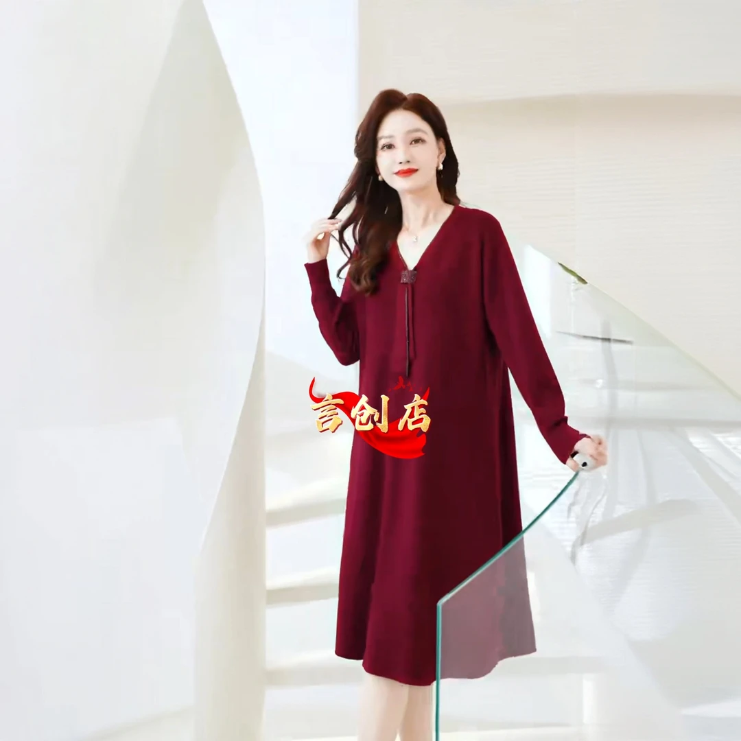 6666V领长袖秋季高腰A字裙大码连衣裙镶钻高弹力中长裙打底裙