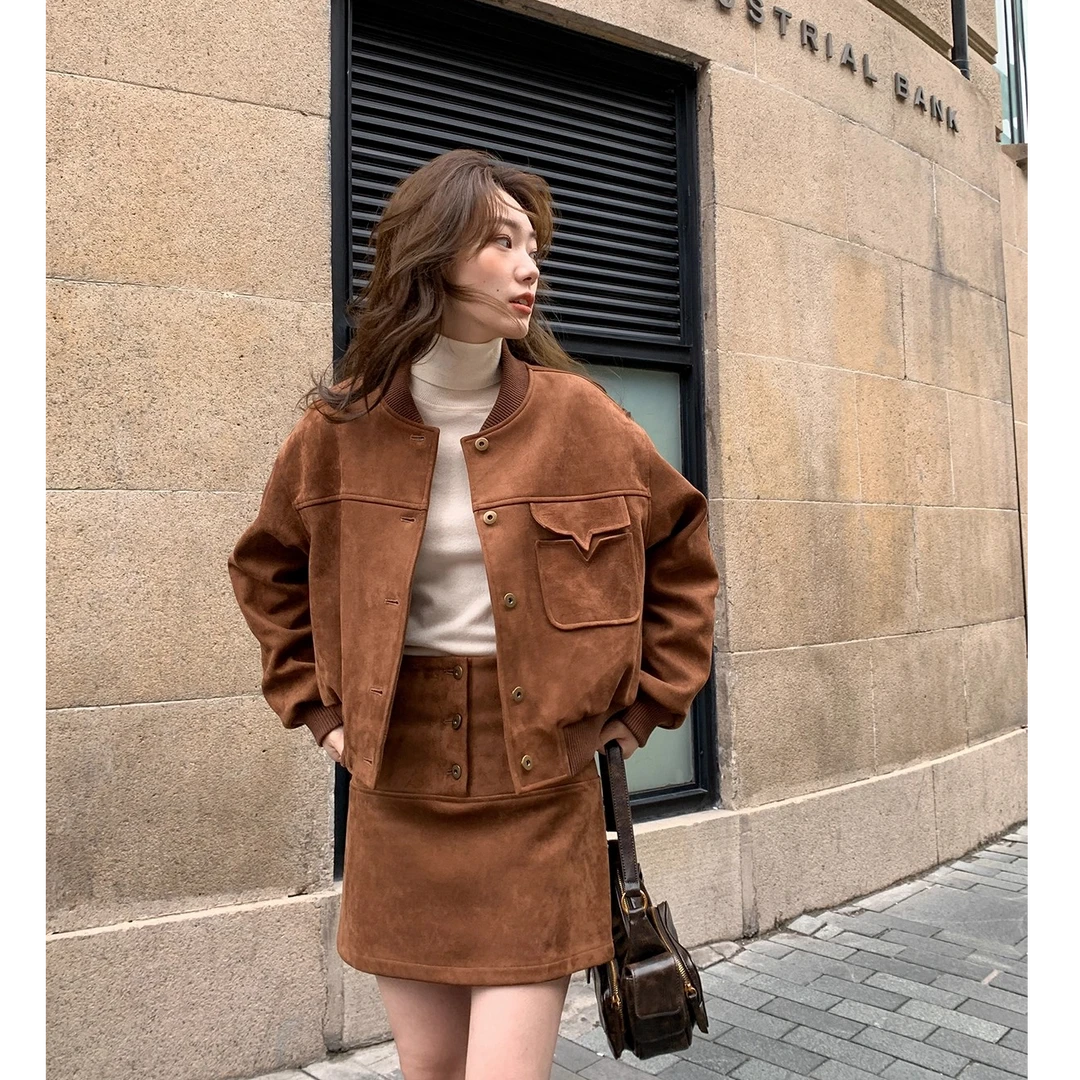 Y1522#美拉德咖色短外套秋季套装2025新款时尚洋气两件套气质穿搭
