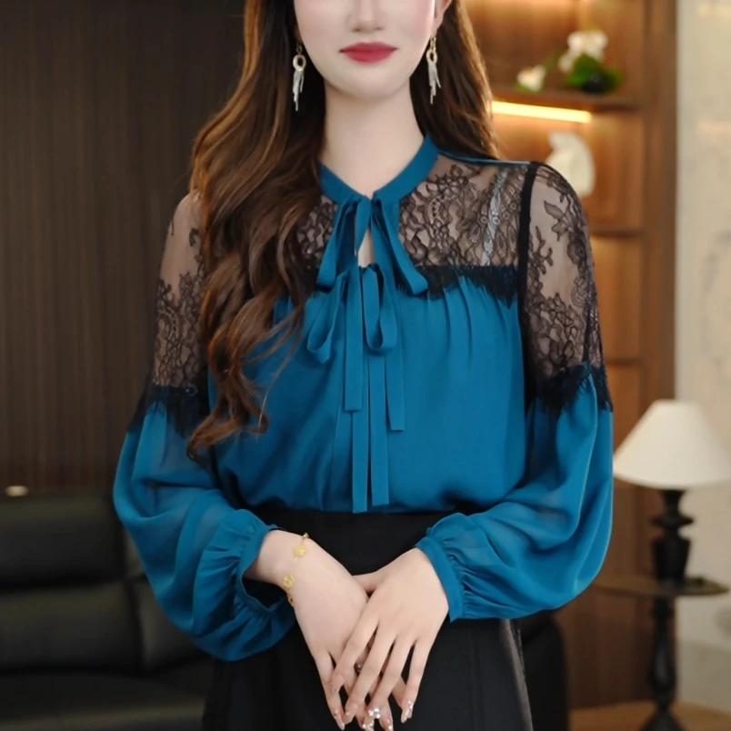 K250222-衬衫女长袖2025春夏新款时尚减龄高端显瘦系带上衣女