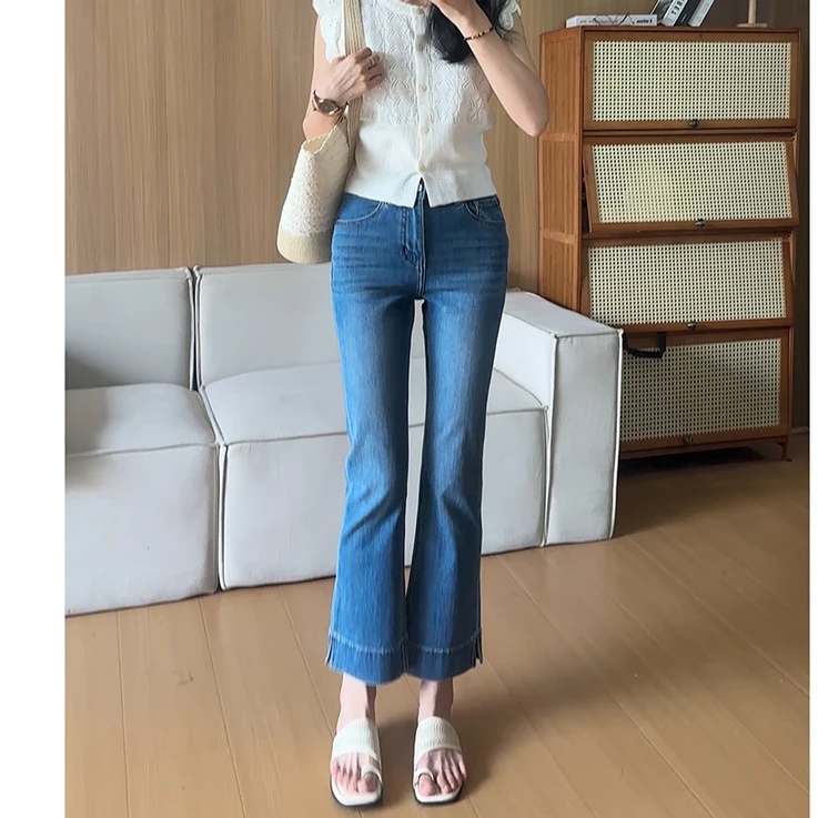 法式高定克莱因蓝高腰显瘦九分喇叭裤小个子穿搭显高夏季牛仔裤子