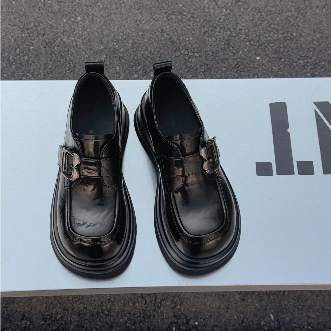 【Yuki定制】花边方扣魔术贴百搭时尚2024新款厚底圆头小皮鞋乐福鞋