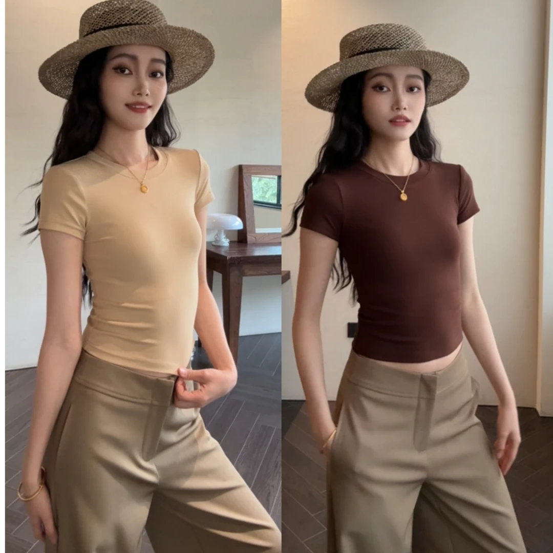 2025新款圆领螺纹抗起球短袖短款T恤修身紧身性感显瘦夏季纯色