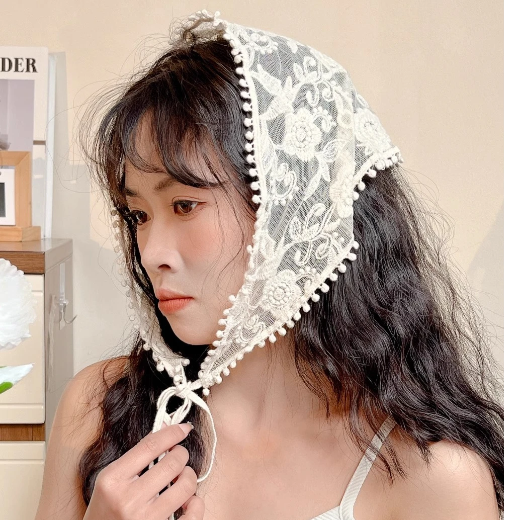 春夏网红ins出游旅行手工钩花三角巾女可爱甜美绑发带薄款头巾帽