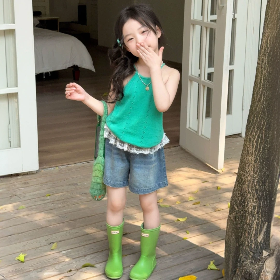 2025夏季新款女童韩系辣妹露背针织吊带女宝洋气花边牛仔短裤套装