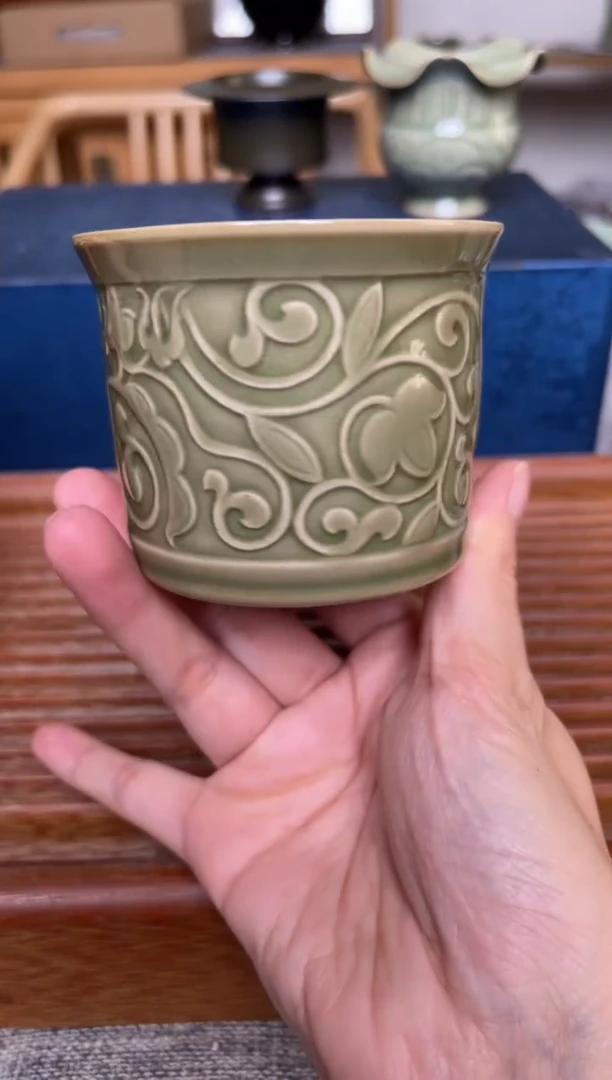 瓷器耀州窑唐草纹大缸杯 微瑕