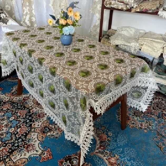 ZN012-60玻璃纱【155*155】白底绿叶高织高密玻璃纱水溶花边桌布