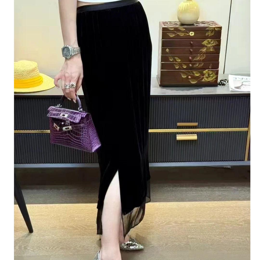 欧货洋派女黑色丝绒拼纱不规则下摆半身裙时尚百搭大尺码显瘦长裙