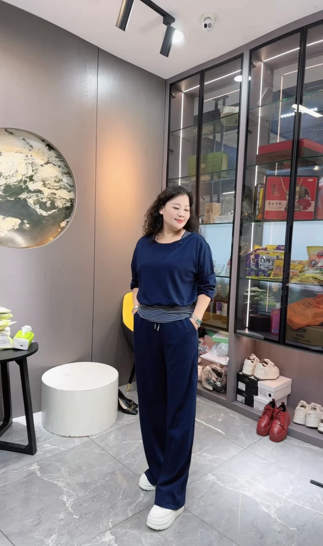 0666韩系条纹拼接假两件休闲套装25016