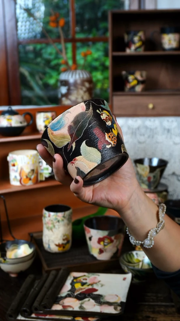 瓷片萨****榴蟠桃猪口杯/四个茶盘/拜师茶杯