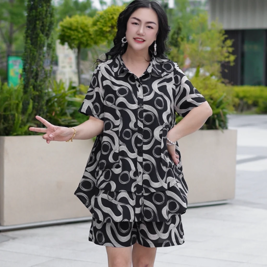 夏季女士套装中长款大码翻领宽松气质个性上衣➕短裤妈妈装8569