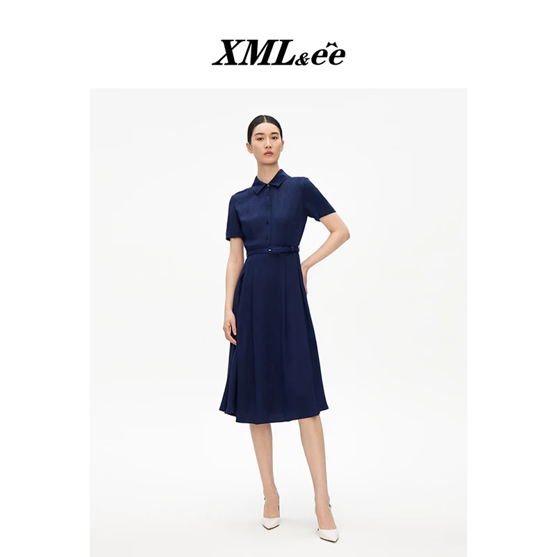 【晨粉专享价】XMLee艾米尔 烫钻纹理桑蚕丝收腰连衣裙 X422L4097