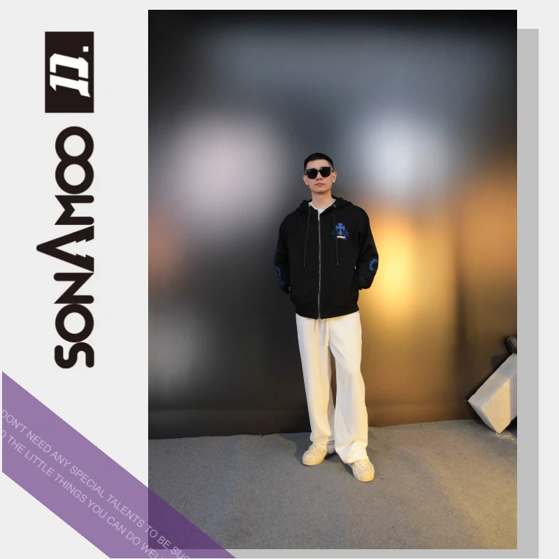 【一亿】sonAmoo蓝色拼皮十字刺绣开衫连帽外套男士秋季D15502