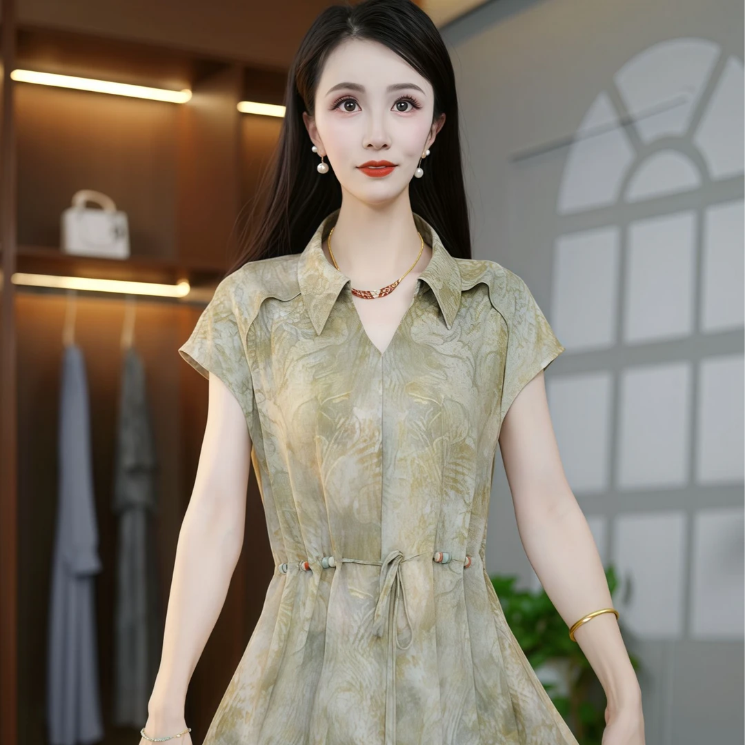 2025夏季时尚轻奢高端气质提花V领收腰精致显瘦洋气连衣裙M-4XL