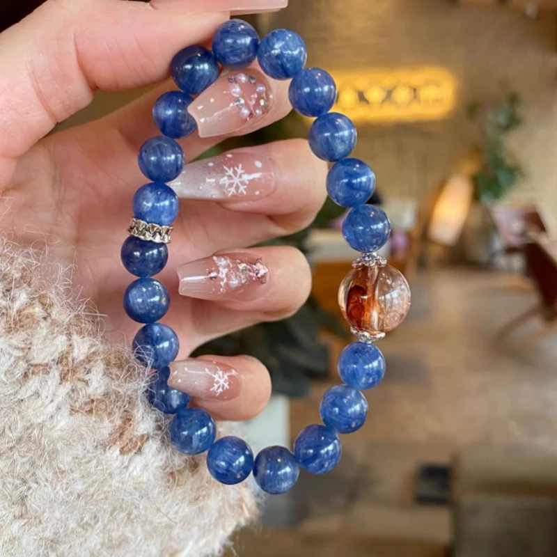 天然蓝晶石红胶花手串蓝色水晶手串小众设计高级感多样性发一