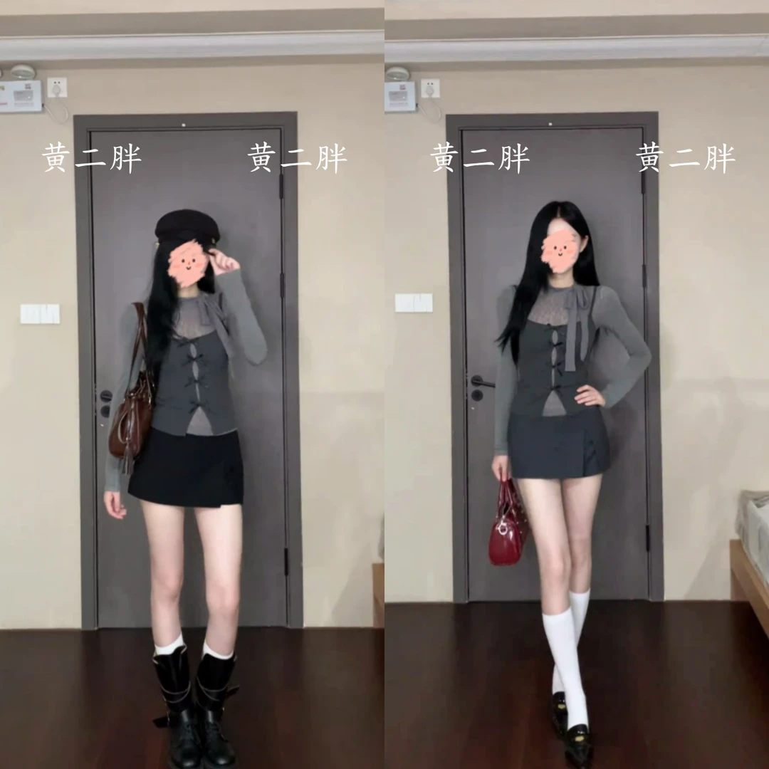 灰色半高领蝴蝶结蕾丝微透上衣女早秋季新款叠穿吊带两件套装